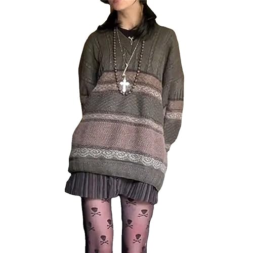 tinbarry Pullover Damen Oversize Strickpullover Rundhals Langarm Sweatshirt Gestreifte College Strickpulli Lose Winterpulli Retro Streifenpullover Casual Oberteile Tops von tinbarry