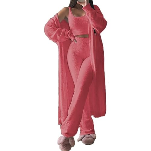 tinbarry Pyjama Set Damen 3-Teiliger Schlafanzug Warm Lang Pyjama Set Winter Fleece Nachtwäsche Loungewear Plüschjacke + Tank Top + Pyjamahose 3 teiliges Set Jogginganzug von tinbarry