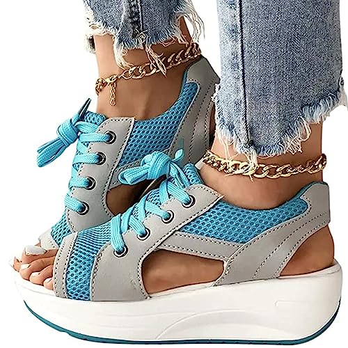 tinbarry Sandalen Damen Sommer Plateausandalen Muffin Sandalen Toe Plateau Sandalen Atmungsaktiv Sandalen Mesh Sport Schuhe mit Kontrasteinsätzen und Ausschnitt zum Schnüren für Damen von tinbarry