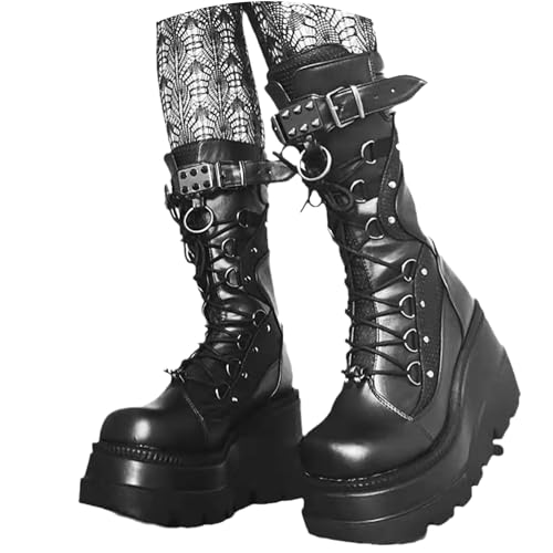 tinbarry Stiefel Damen Chunky Heel Winterstiefel Plateau Keilabsatz Hohe Stiefel Gothic Punk Schnürboots Vintage Freizeit Langschaft Boots Herbst Winter Stiefel von tinbarry