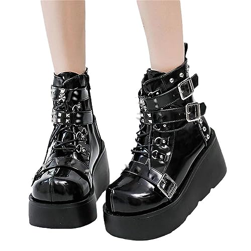 tinbarry Stiefel Damen Kniehohe Winterstiefel Gothic Punk Plateau Stiefel Keile PU Lederstiefel Vintage Keilstiefeletten Blockabsatz Kampfstiefel Zipper Wedges Boots von tinbarry