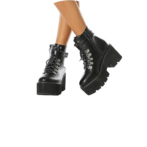 tinbarry Stiefeletten Damen Lackleder Stiefel Gothic Punk Schnürstiefel mit Absatz Plateau Kurzschaft Schnürstiefel Reißverschluss Elegant Ankle Boots Lack Damenschuhe von tinbarry