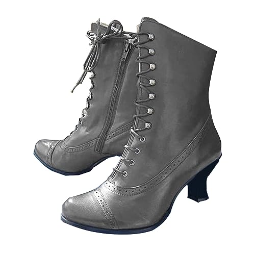 tinbarry Stiefeletten Niedrige Absatz Damen Vintage Viktorianische Stiefel Gothic Punk Kurzschaft Stiefel Spitz PU Lederstiefel Schnürung Reißverschluss Ankle Boots Party Kostümstiefel von tinbarry