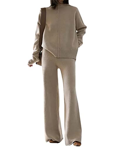 tinbarry Strickanzug Damen Outfits Set Strickpullover + Hose 2 Teiler Stehkragen Freizeitanzug Gestrickt Oberteile und Schlaghose Zweiteilig Loungewear Sets von tinbarry