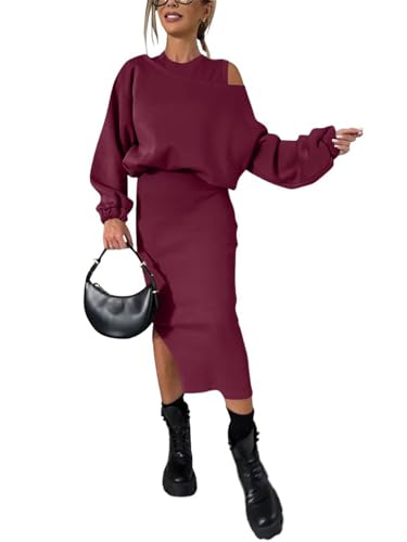 tinbarry Strickkleid Zweiteiler Damen 2 Stück Set Ärmelloses Midi Strickkleider Pullover Set Bodycon Kleid Sweatshirt Oberteil Slim Fit Freizeitkleid Outfits Winter Elegant von tinbarry