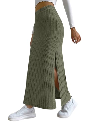 tinbarry Strickrock Damen Schlitz Maxirock Hohe Taille A-Linie Lange Röcke Elegant Rippstrick Freizeitrock Stretch Bodycon Rock Casual Stricken Gestrickt Basic Röcke von tinbarry