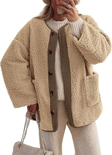 tinbarry Teddyjacke Damen Wintermantel Fleece Jacke Teddyfleece Stehkragen mit Reißverschluss Fleecemantel mit Taschen Winterjacke Warm Übergangsjacke Plüschjacke von tinbarry