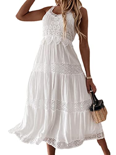 tinbarry Weiß Sommerkleid Damen Spitzen Strandkleider Ärmellos V-Ausschnitt Sommer Maxi Kleider Boho Lang Sommerkleid Elegant A-Linie Freizeitklied von tinbarry