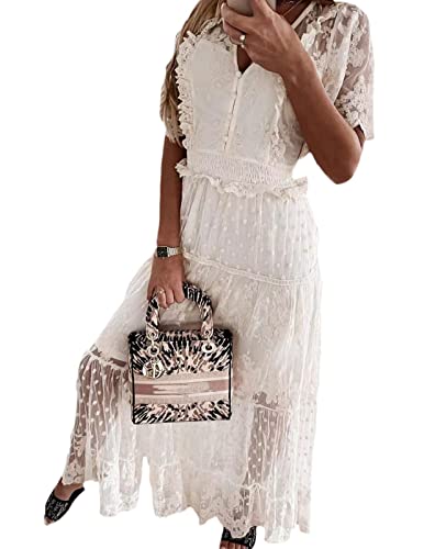 tinbarry Weiß Sommerkleid Damen Spitzen Strandkleider Ärmellos V-Ausschnitt Sommer Maxi Kleider Boho Lang Sommerkleid Elegant A-Linie Freizeitklied von tinbarry