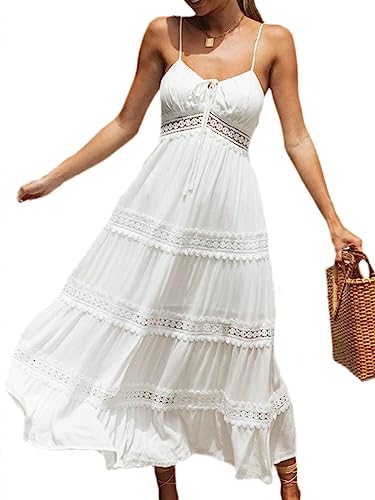 tinbarry Weiß Sommerkleid Damen Spitzen Strandkleider Ärmellos V-Ausschnitt Sommer Maxi Kleider Boho Lang Sommerkleid Elegant A-Linie Freizeitklied von tinbarry