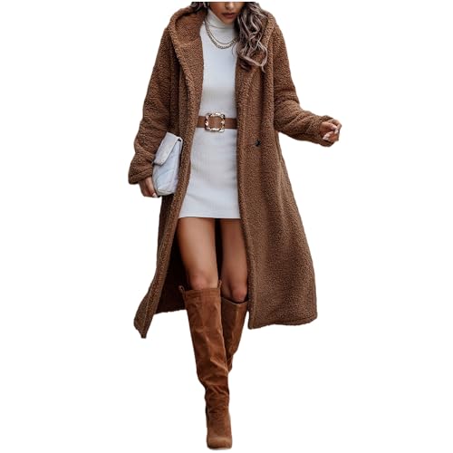 tinbarry Wintermantel Damen Teddy Fleece Mantel Plüschmantel Lang Wollmantel Fleecemantel mit Taschen Warme Jacke Kapuzenjacke Elegante Coat von tinbarry