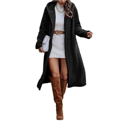 tinbarry Wintermantel Damen Teddy Fleece Mantel Plüschmantel Lang Wollmantel Fleecemantel mit Taschen Warme Jacke Kapuzenjacke Elegante Coat von tinbarry