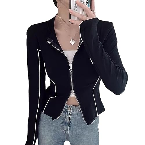 tinbarry Zip Up Jacke Damen Y2K Crop Top V-Ausschnitt Langarm Sweatjacke Mit Reissverschluss Kurz Tops Slim Fit Strickpullover Vintage Langarmshirts Teenager Aesthetic Streetwear von tinbarry