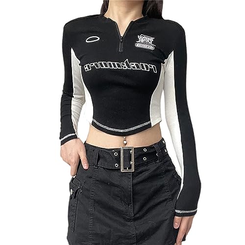 tinbarry Zip Up Jacke Damen Y2K Crop Top V-Ausschnitt Langarm Sweatjacke Mit Reissverschluss Kurz Tops Slim Fit Strickpullover Vintage Langarmshirts Teenager Aesthetic Streetwear von tinbarry