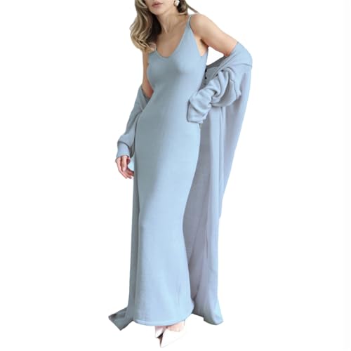 tinbarry Zweiteiler Damen Tracksuit Loungerwear Freizeitanzug Maxi Ärmelloses Strickkleid und Strickjacke Set Elegant Outfit Streetwear von tinbarry