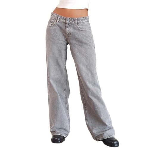Baggy Jeans Damen Y2K Denim Hose Low Waist Pants Straight Leg Pants Vintage Schlaghose Hip Hop Jeanshosen Freizeithose Jogginghose Mit Taschen Streetwear von tinetill