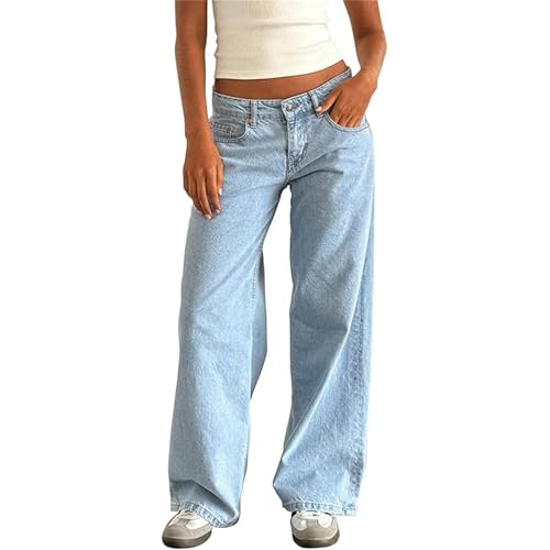 Baggy Jeans Damen Y2K Denim Hose Low Waist Pants Straight Leg Pants Vintage Schlaghose Hip Hop Jeanshosen Freizeithose Jogginghose Mit Taschen Streetwear von tinetill