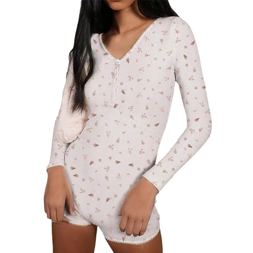 Bodysuit Damen Langarm Jumpsuit mit Blumendruck Langarm Einteiler Bodysuit V-Ausschnitt Bodycon Shorts Overall Stretch Pyjama Onesie Strampler Y2K von tinetill