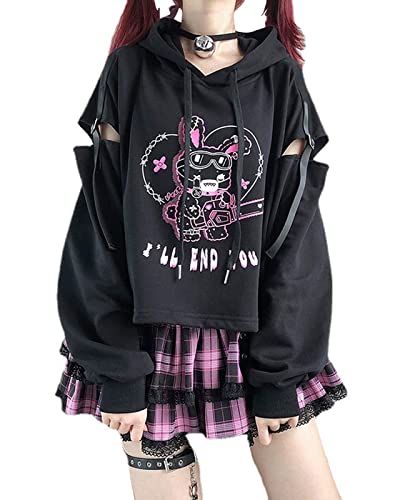 Damen Anime Kapuzenpullover Langarm Japan Goth Hoodie E-Girl Streetwear Teenager Mädchen Y2K Gothic Sweatshirt Pullover Aesthetic Tops von tinetill