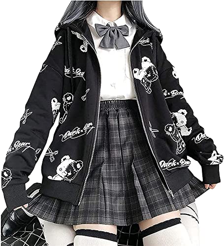 Damen Anime Kapuzenpullover Langarm Japan Goth Hoodie E-Girl Streetwear Teenager Mädchen Y2K Gothic Sweatshirt Pullover Aesthetic Tops von tinetill
