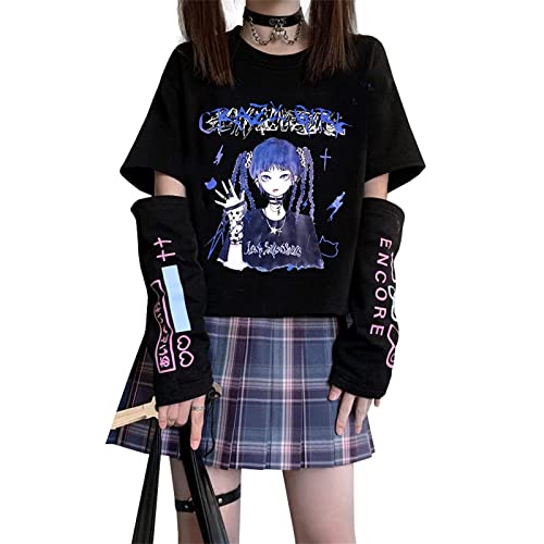 Damen Anime Kapuzenpullover Langarm Japan Goth Hoodie E-Girl Streetwear Teenager Mädchen Y2K Gothic Sweatshirt Pullover Aesthetic Tops von tinetill