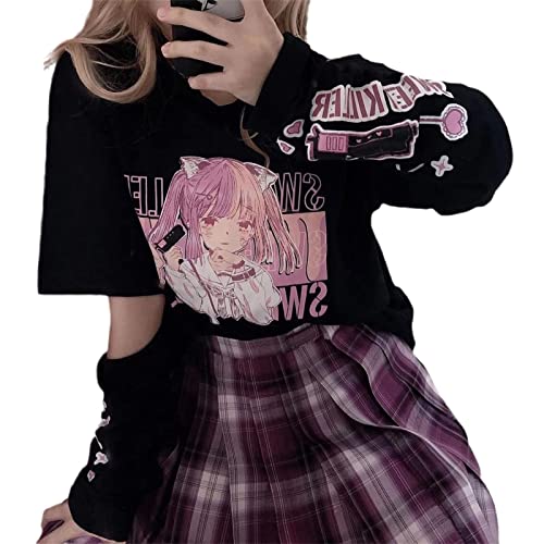 Damen Anime Kapuzenpullover Langarm Japan Goth Hoodie E-Girl Streetwear Teenager Mädchen Y2K Gothic Sweatshirt Pullover Aesthetic Tops von tinetill