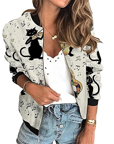 Damen Elegant Jacke Blumenmuster Langarm Bomberjacke mit Reißverschluss Stehkragen Outwear Kurz Mantel Herbst Frühling Leicht Jacke Streetwear Kurz Coat von tinetill