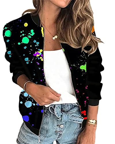 Damen Elegant Jacke Blumenmuster Langarm Bomberjacke mit Reißverschluss Stehkragen Outwear Kurz Mantel Herbst Frühling Leicht Jacke Streetwear Kurz Coat von tinetill