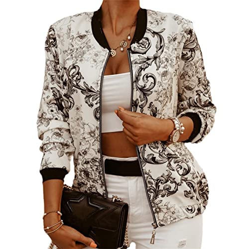 Damen Elegant Jacke Blumenmuster Langarm Bomberjacke mit Reißverschluss Stehkragen Outwear Kurz Mantel Herbst Frühling Leicht Jacke Streetwear Kurz Coat von tinetill