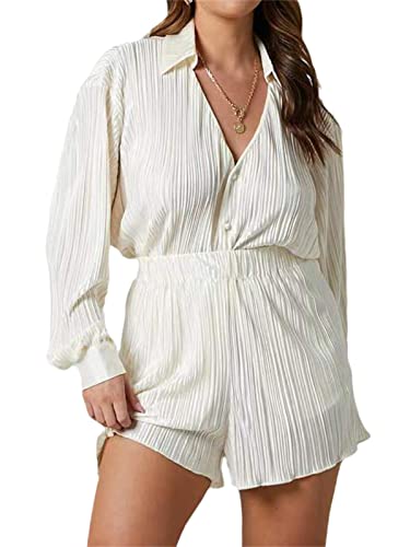 Damen Freizeitanzug Basic 2 Teilig Trainingsanzug Langarm Revers V-Ausschnitt Button Down Shirt + Hohe Taille Plissee Shorts mit Gefüttert Zweiteilige Outfits Loungewear Jogginganzug Hausanzug von tinetill