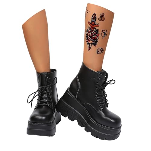 Damen Plateau Gothic Stiefeletten Flache Ankle Boots Blockabsatz Punk Schuhe Stiefeletten Chunky Heels Biker Boots von tinetill