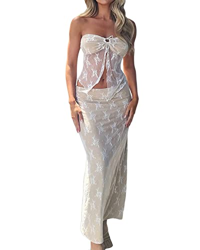 Damen Sommer 2 Stück Maxirock Set Elegant Spitze Crop Tops mit Hoher Taille Bodycon Maxirock 2pcs Rock Set Y2K 90S Streetwear von tinetill