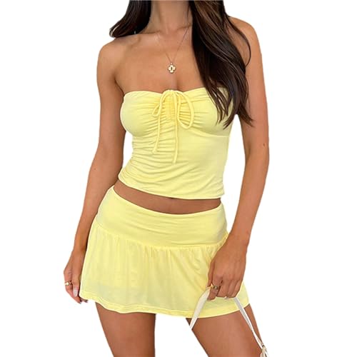 Damen Sommer 2 Stück Maxirock Set Elegant Spitze Crop Tops mit Hoher Taille Bodycon Maxirock 2pcs Rock Set Y2K 90S Streetwear von tinetill