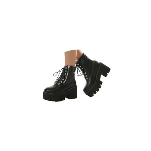 Damen Stiefel Plateau Gothic Stiefeletten Winterstiefel Flache Ankle Boots Blockabsatz Punk Schuhe Schnürstiefel Chunky Heels Biker Boots von tinetill