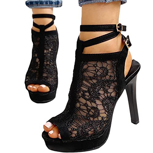 High Heels für Damen Sommersandalen mit Fischmaul Stiletto Sandalen mit Offenem Zeh Peep Toe Offene Sandaletten Abend Party Schwarz von tinetill