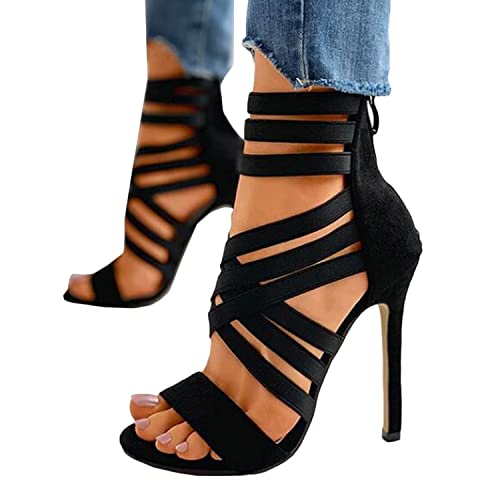 High Heels für Damen Sommersandalen mit Fischmaul Stiletto Sandalen mit Offenem Zeh Peep Toe Offene Sandaletten Abend Party Schwarz von tinetill