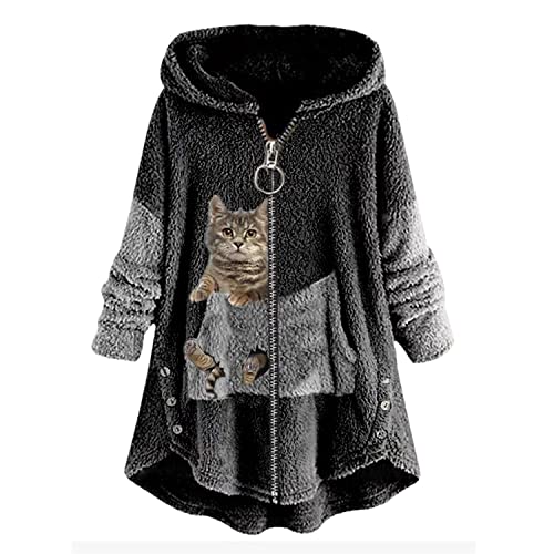 Kapuzenpullover Damen Zip Hoodie Katze Druck Kuschelig Fleecepulli Warm Große Größen Winter Teddy Jacke Casual Plüsch Hoodie Cute Pullover Lang Sweatshirts Plüschjacke Plüschmantel Sweatjacke von tinetill