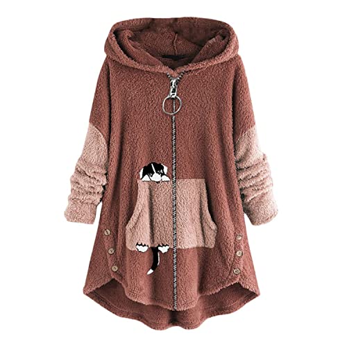 Kapuzenpullover Damen Zip Hoodie Katze Druck Kuschelig Fleecepulli Warm Große Größen Winter Teddy Jacke Casual Plüsch Hoodie Cute Pullover Lang Sweatshirts Plüschjacke Plüschmantel Sweatjacke von tinetill