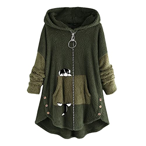 Kapuzenpullover Damen Zip Hoodie Katze Druck Kuschelig Fleecepulli Warm Große Größen Winter Teddy Jacke Casual Plüsch Hoodie Cute Pullover Lang Sweatshirts Plüschjacke Plüschmantel Sweatjacke von tinetill