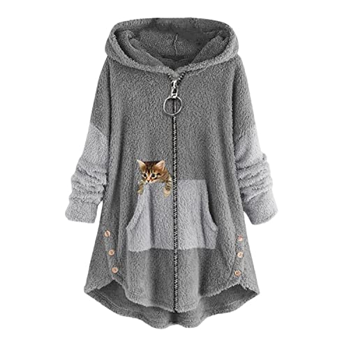 Kapuzenpullover Damen Zip Hoodie Katze Druck Kuschelig Fleecepulli Warm Große Größen Winter Teddy Jacke Casual Plüsch Hoodie Cute Pullover Lang Sweatshirts Plüschjacke Plüschmantel Sweatjacke von tinetill