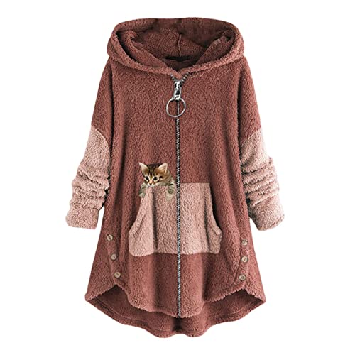 Kapuzenpullover Damen Zip Hoodie Katze Druck Kuschelig Fleecepulli Warm Große Größen Winter Teddy Jacke Casual Plüsch Hoodie Cute Pullover Lang Sweatshirts Plüschjacke Plüschmantel Sweatjacke von tinetill