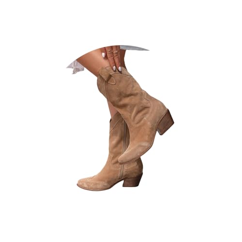 Stiefeletten Damen Wildleder Halbstiefel Stiefeletten Cowboy Boots Kurzstiefel Übergangsstiefel Blockabsatz Ankle Boots mit Reißverschluss von tinetill