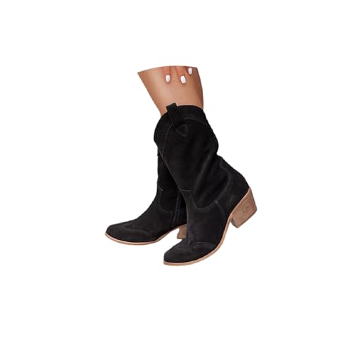 Stiefeletten Damen Wildleder Halbstiefel Stiefeletten Cowboy Boots Kurzstiefel Übergangsstiefel Blockabsatz Ankle Boots mit Reißverschluss von tinetill