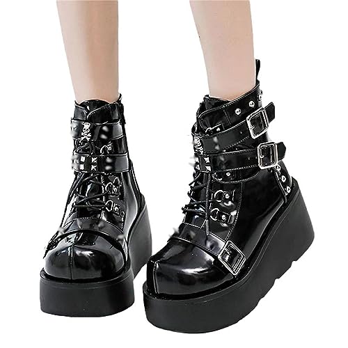 Tinetill Gothic Punk Plateau Stiefel Damen - Kniehohe Keilstiefeletten Mit Reißverschluss - Winterstiefel Blockabsatz Ritterstiefel Klobiger Absatz Boots von tinetill