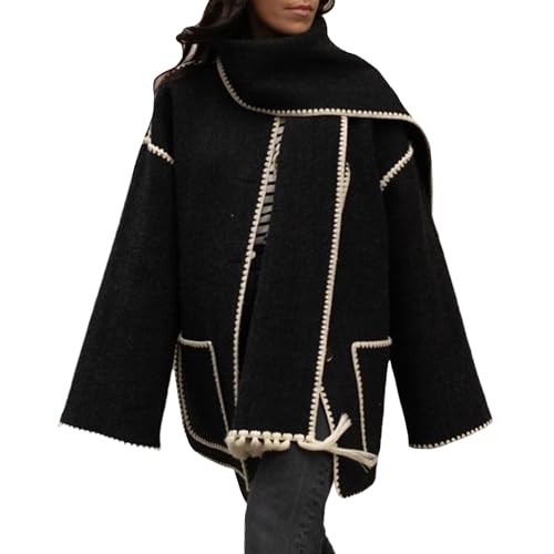 Wintermantel Damen Mantel Mit Quaste Schal Lose Langarm Einreiher Mäntel Herbst Winter Frauen Warme Woll Stickerei Jacke Outwear Oversized Wollmantel von tinetill