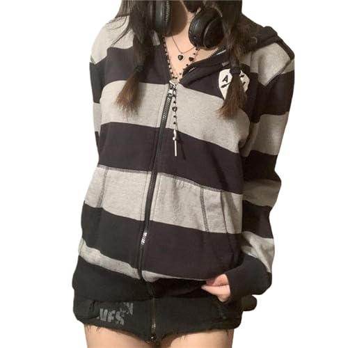 Y2K Zip Up Hoodie Damen Kapuzenjacke Sweatshirt mit Kapuze Vintage Print Jacken Oversize Kapuzenpullover für Frauen Mädchen 90er E-Girl Streetwear Top von tinetill