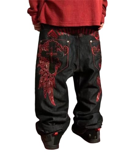 tinetill Baggy Jeans Damen Y2K Harajuku Jean Brief Drucken Denim Hose Straight Leg Vintage Hip Hop Jeans Freizeithose mit Taschen Casual Lose E-Girl Pants Streetwear von tinetill