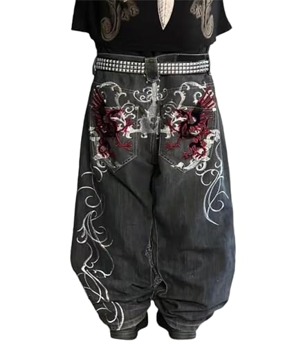 tinetill Baggy Jeans Damen Y2K Harajuku Jean Brief Drucken Denim Hose Straight Leg Vintage Hip Hop Jeans Freizeithose mit Taschen Casual Lose E-Girl Pants Streetwear von tinetill