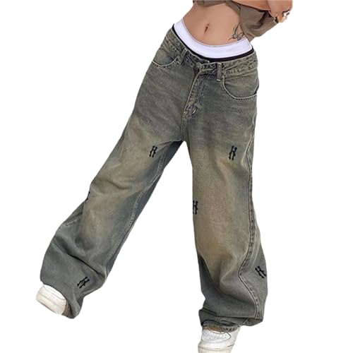 tinetill Baggy Jeans Damen Y2K Harajuku Jean Brief Drucken Denim Hose Straight Leg Vintage Hip Hop Jeans Freizeithose mit Taschen Casual Lose E-Girl Pants Streetwear von tinetill