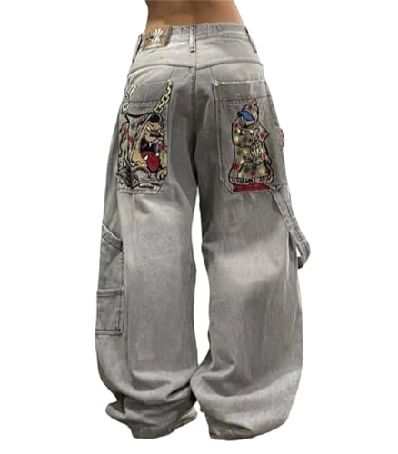 tinetill Baggy Jeans Damen Y2K Harajuku Jean Brief Drucken Denim Hose Straight Leg Vintage Hip Hop Jeans Freizeithose mit Taschen Casual Lose E-Girl Pants Streetwear von tinetill